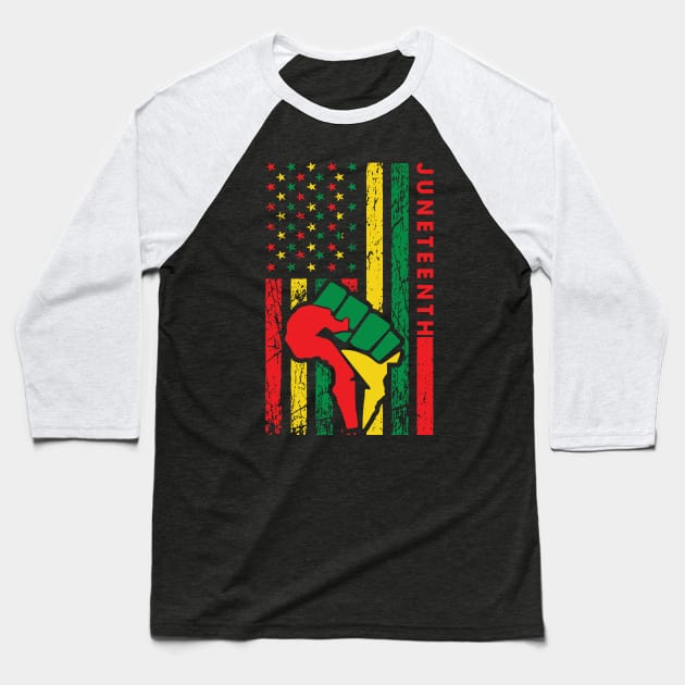 Juneteenth Flag Proud African American Baseball T-Shirt by FabulousDesigns
